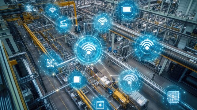 An aerial view showing a network of sensor nodes in a manufacturing facility, with visual data flows indicating the expansive reach and speed of 5G networks.