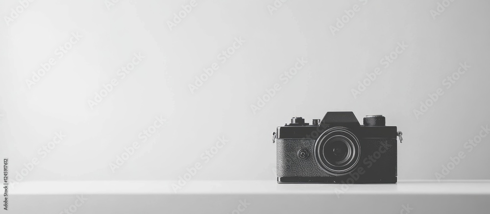 Poster vintage black and white classic camera on a minimalist shelf with ample empty space for text or bran