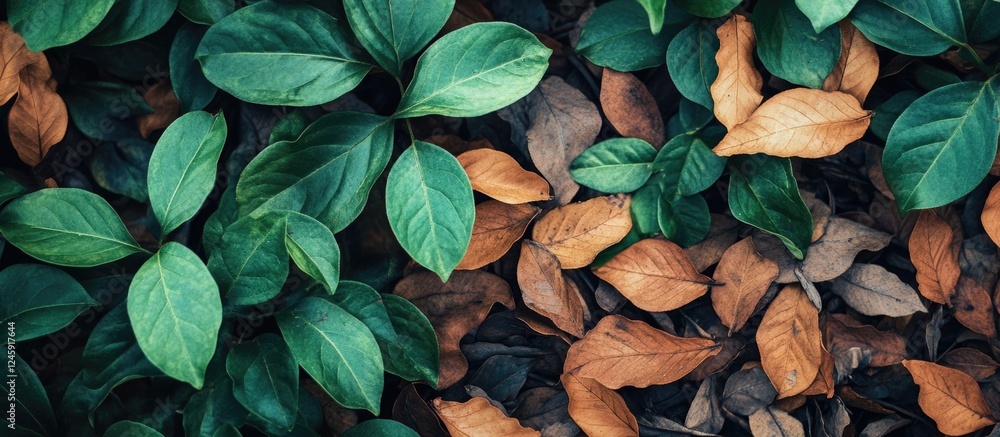 Poster lush green foliage mixed with dried brown leaves creating a natural textured background for design a