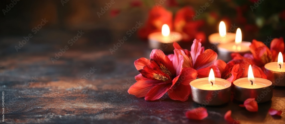 Poster elegant candles surrounded by vibrant red flowers with space for custom text or message in a warm am