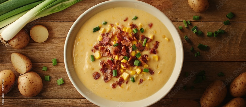 Poster cheesy corn chowder topped with crispy bacon served in a white bowl on wooden table with fresh ingre