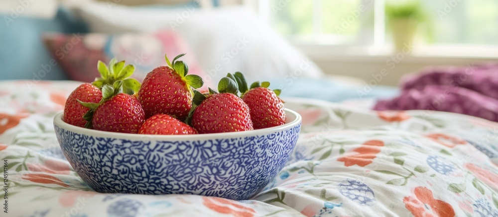 Poster Fresh strawberries in a blue bowl resting on colorful bedding with soft natural light creating a vibrant and inviting atmosphere