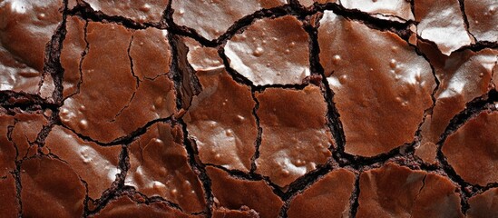 Freshly baked brownie with a glossy cracked surface highlighting rich moist texture against a clean white background showcasing its dark hue