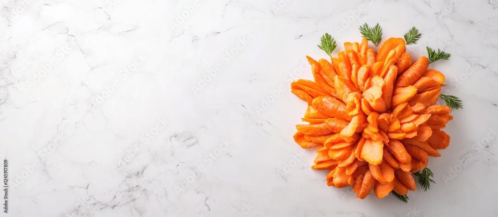 Poster vibrant arrangement of fresh carrots resembling a carrot cake on a white marble surface with ample s