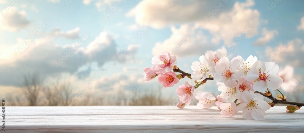 Aufkleber blossoming cherry branch on a white table against a spring sky with clouds showcasing freshness and 