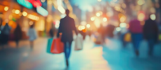 Blurred Background of Evening Shoppers Carrying Bags on Busy Street with Copyspace for Text Ideal for Advertising and Promotions