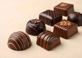 Obraz premium Various chocolate candies on a light beige background