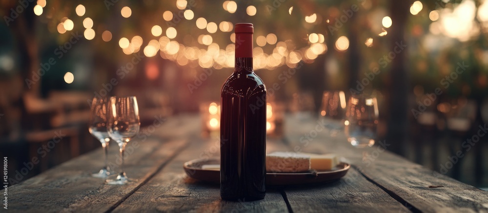 Aufkleber elegant bottle of red wine on wooden table surrounded by twinkling lights enhancing a cozy and invit