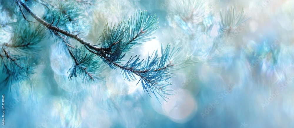 Poster Blue spruce branch highlighted against a blurred background creating an ethereal multiple exposure effect showcasing nature's beauty.