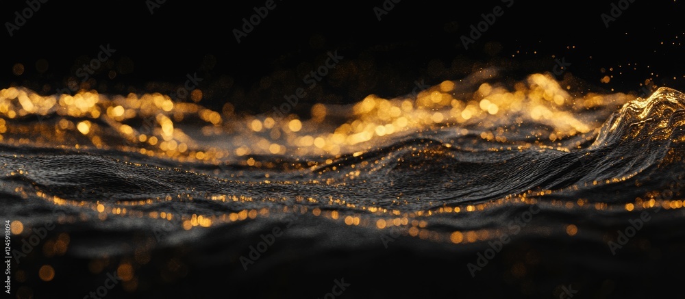 Poster bokeh effect of shimmering water waves with golden light reflections on a dark background for a luxu