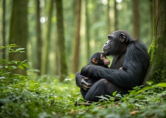 A chimpanzee mother cradles her sleeping infant in a lush green forest.