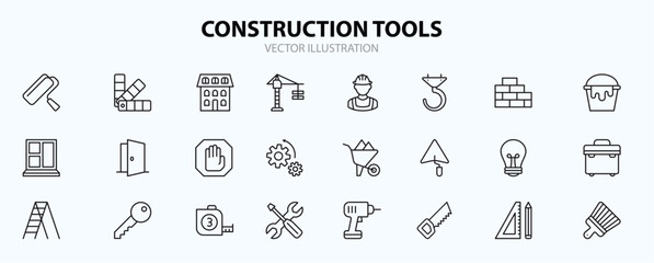 Set of Construction tools related vector line icons
