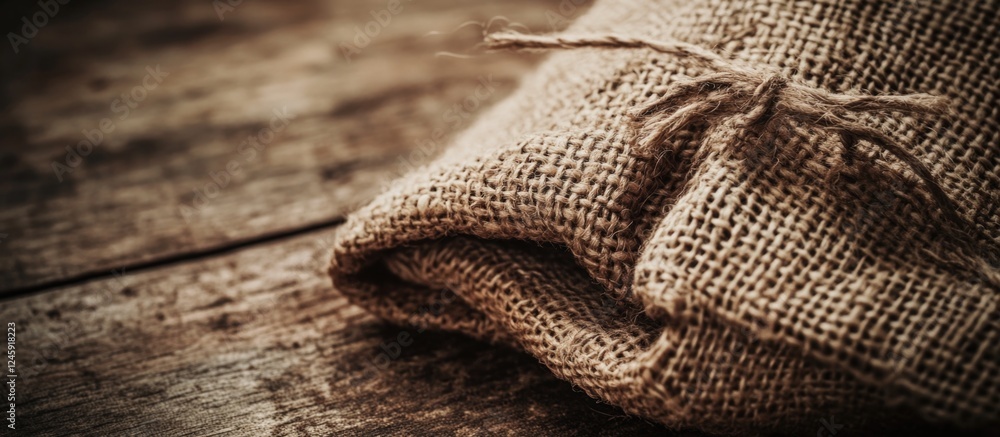 Poster burlap sack texture on rustic wooden surface perfect for backgrounds or craft projects showcasing na