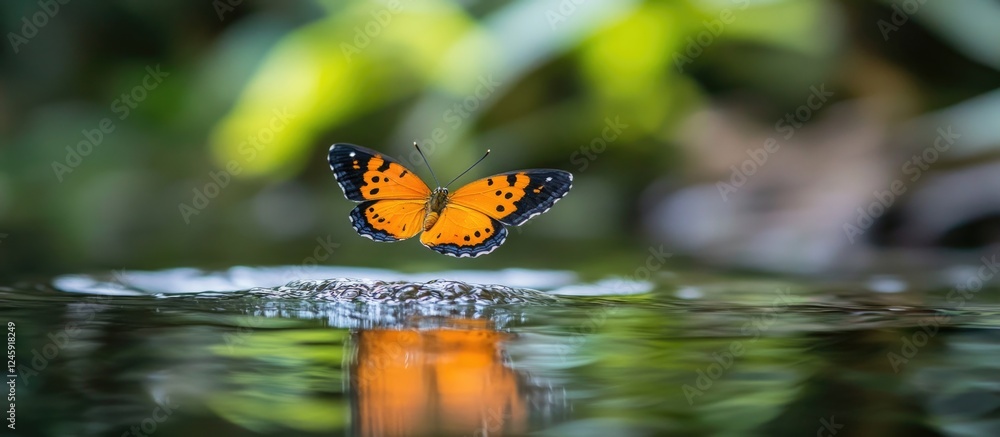 Poster taiwan symbrenthia hypselis butterfly gracefully hovering above water with reflection in vibrant nat