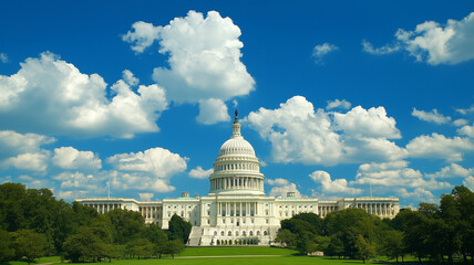 Fototapeta premium United States Capitol building stands majestically against bright blue sky filled with fluffy clouds, surrounded by lush greenery, symbolizing democracy and governance