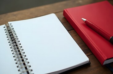 There is a red organizer on the right side, a pen next to it, and a place for text on the left side.
