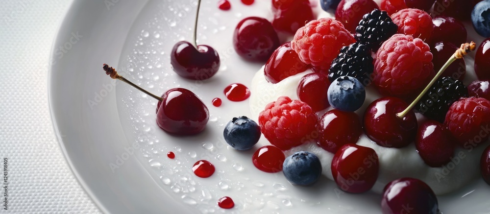 Aufkleber fresh cherries and assorted wild berries elegantly arranged on a white dessert plate with a drizzle 