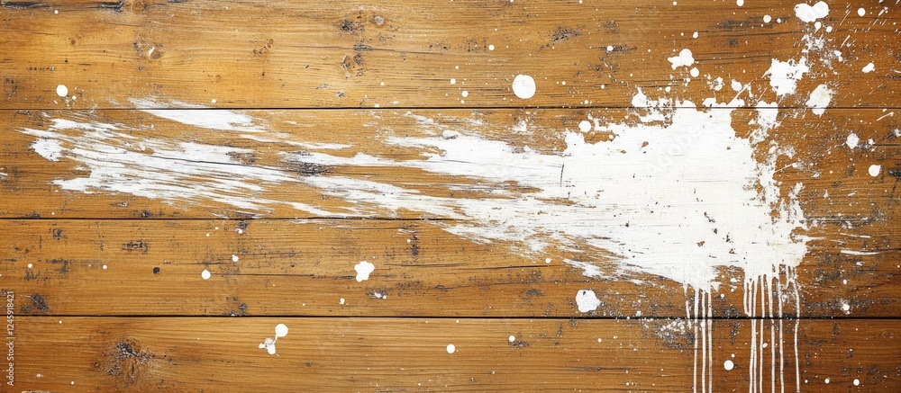 Poster brown wooden surface with white paint splatters creating an artistic textured background for design 