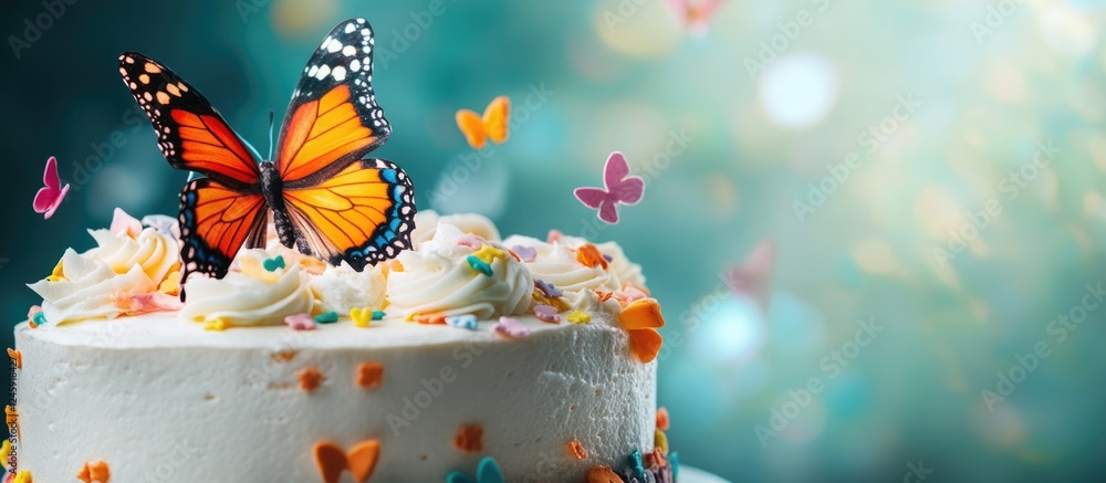 Poster Butterfly adorned cake with colorful decorations and a blurred background for customizable text and messages