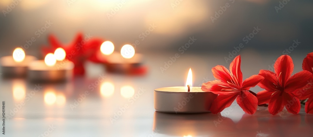 Poster burning candles and vibrant red flowers with a soft background and text space for relaxation or cele