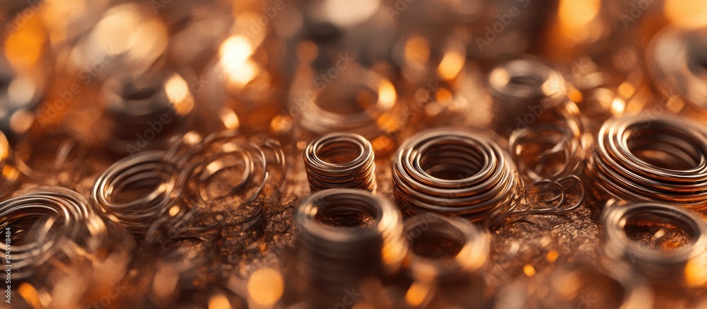 Poster close-up view of various sizes of spiraled springs arranged chaotically against a shimmering copper 