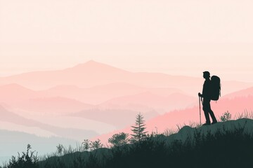 Obraz premium Silhouette of a hiker on a mountain ridge with beautiful sunrise colors in the background. Generative AI