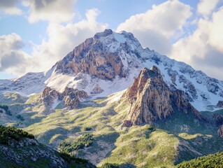Majestic snow capped mountain peak under a bright cloudy sky with green valley below