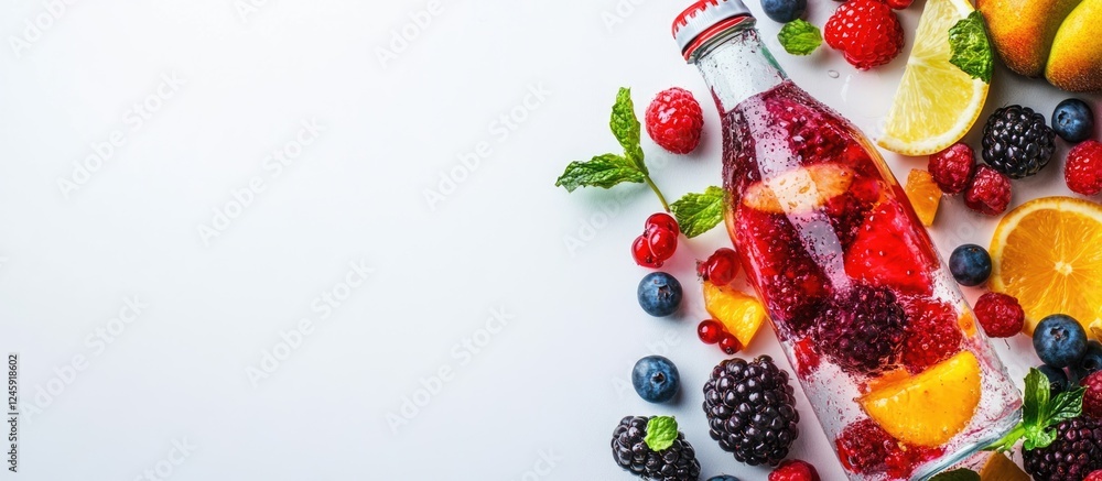 Aufkleber flavored water bottle surrounded by fresh fruits and berries on a bright background with ample space
