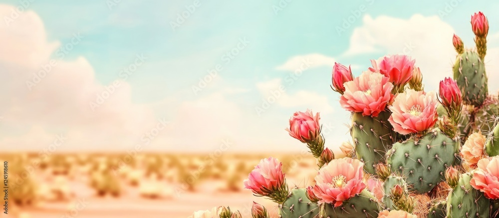 Aufkleber cactus flowers blooming in a vibrant arid desert landscape with ample blank space for text and messa