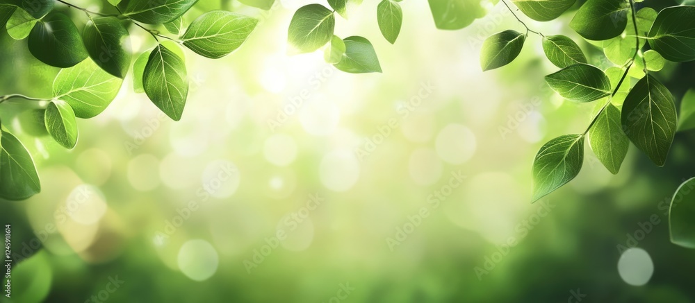 Poster serene bokeh background featuring soft focus green leaves in a lush forest setting with gentle light