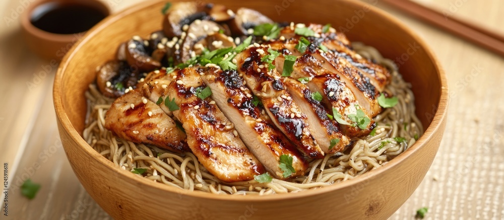 Aufkleber savoring buckwheat noodles topped with grilled chicken and mushrooms in a rustic wooden bowl accompa