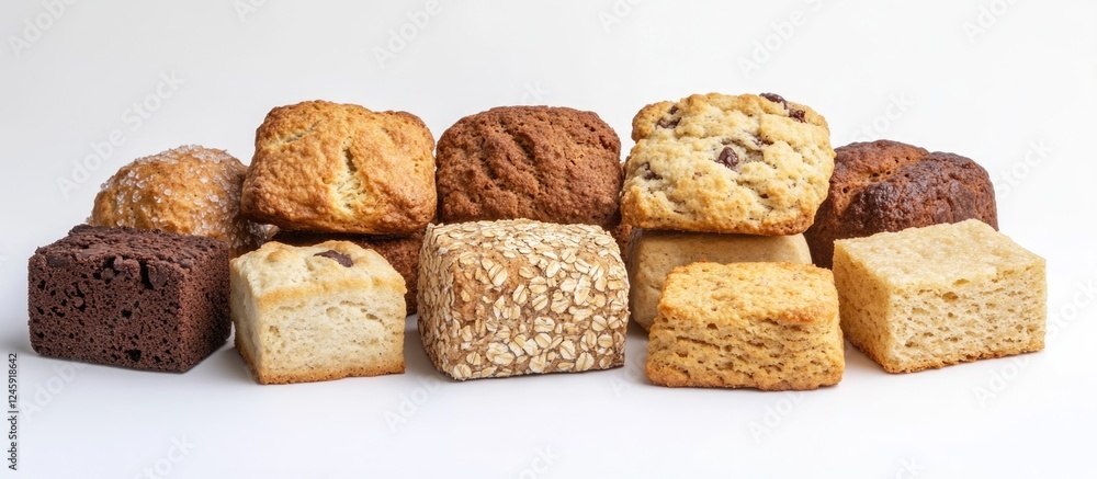 Poster assorted biscuits arranged in a row on a clean white background showcasing diverse textures and colo