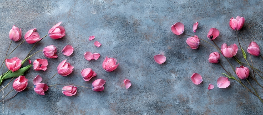 Poster pink tulips with scattered petals on a textured gray background creating a serene floral composition