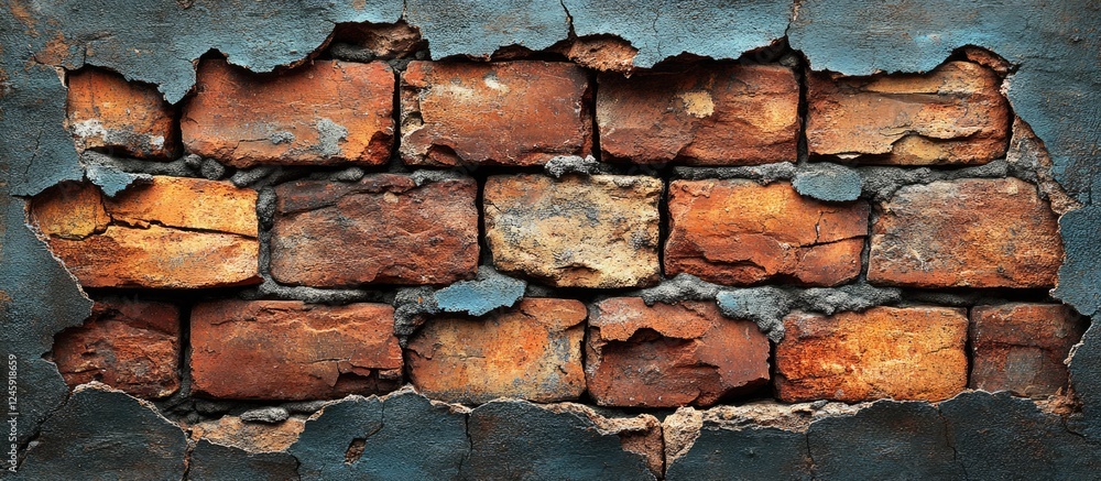 Poster Rustic brick wall with cracked texture showcasing aged brickwork and unique patterns ideal for backgrounds or design projects.