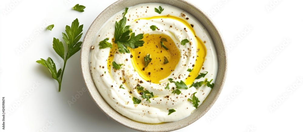 Poster sour cream sauce topped with herbs and olive oil served in a bowl on a white background viewed from 