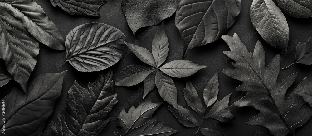 Poster elegant monochrome composition featuring intricate patterns and textures of various leaves on a dark