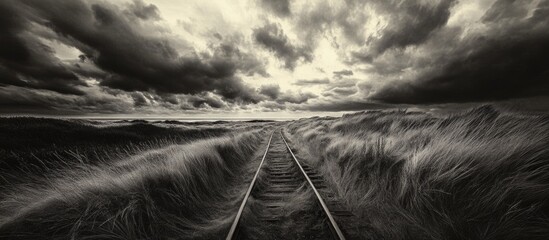 Monochrome train tracks stretching into a dramatic cloudy horizon evoking a sense of mystery and adventure in a timeless landscape.
