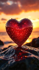 Fototapeta premium Red heart with water drops standing on wet rock during sunset