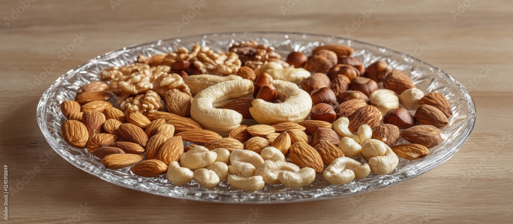 Poster variety of nuts arranged in a transparent plate with a focus on brazil nuts surrounded by assorted n
