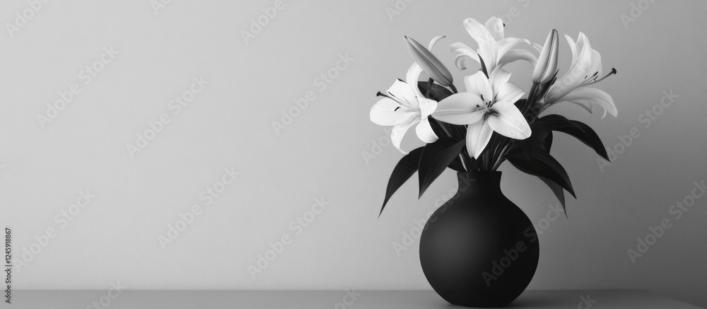 Poster minimalistic black and white composition of a vase with white lilies featuring ample copyspace ideal
