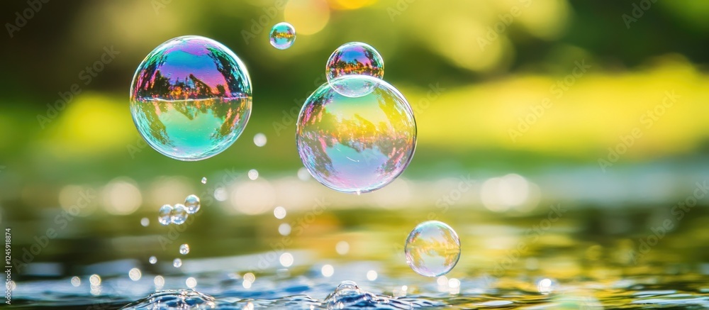 Poster Colorful soap bubbles floating on a tranquil water surface with a blurred natural background creating a serene and playful atmosphere.