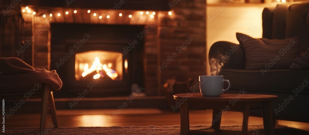 Poster cozy living room with warm fireplace glowing and mug on table creating inviting atmosphere for relax