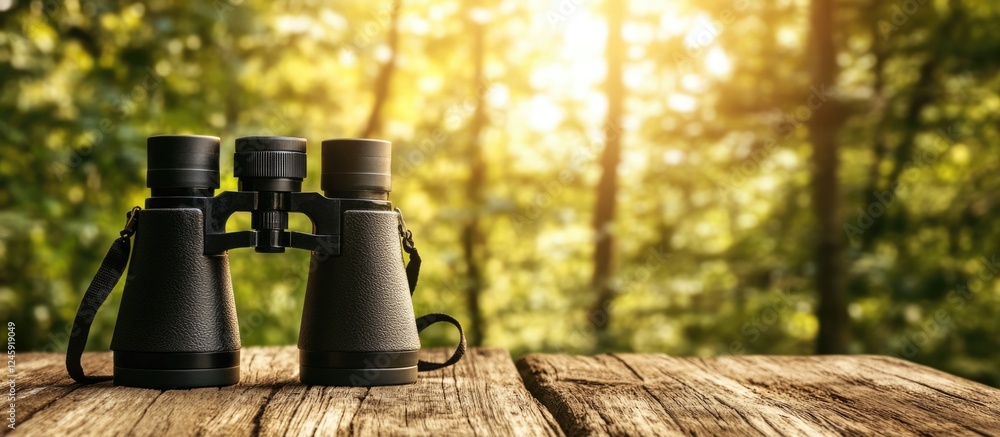 Poster Binoculars on wooden table in summer forest with sunlight and blurred greenery background providing space for text or design elements