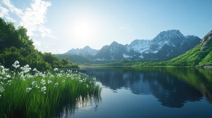 Obraz premium Serene Mountain Lake View with Lush Greenery and White Flowers on a Sunny Day