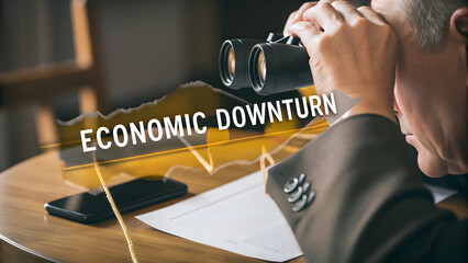 Lawyer Observing Economic Downturn: Illustration of a Man with Binoculars Focusing on Ripped Paper Symbolizing Scrutiny of Recession - Stock Photo Concept