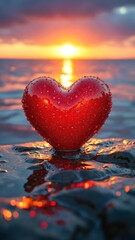 Fototapeta premium Red heart with water drops standing on wet rock during sunset