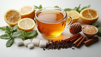 Elegant Cup of Tea with Accompaniments on a White Background