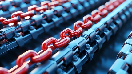 Fototapeta premium The image features a close-up view of interconnected chains, showcasing a vibrant contrast between red and blue links.