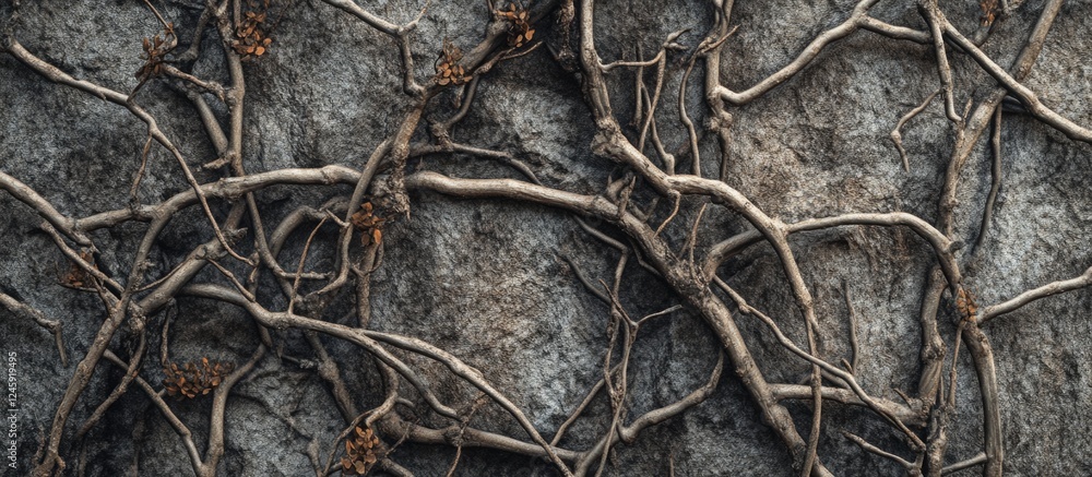 Poster Intricate texture of tangled twigs and branches on a weathered surface showcasing natural patterns and earthy tones in close-up view