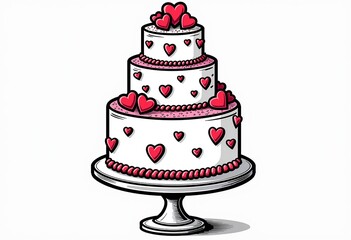 Festive Three-Tiered Heart Cake Line Art Coloring Page: Minimalist Style with Bold Black Lines on Solid Background; Simple Design Featuring White Frosting, Pink Sprinkles, and Red Icing Hearts.

